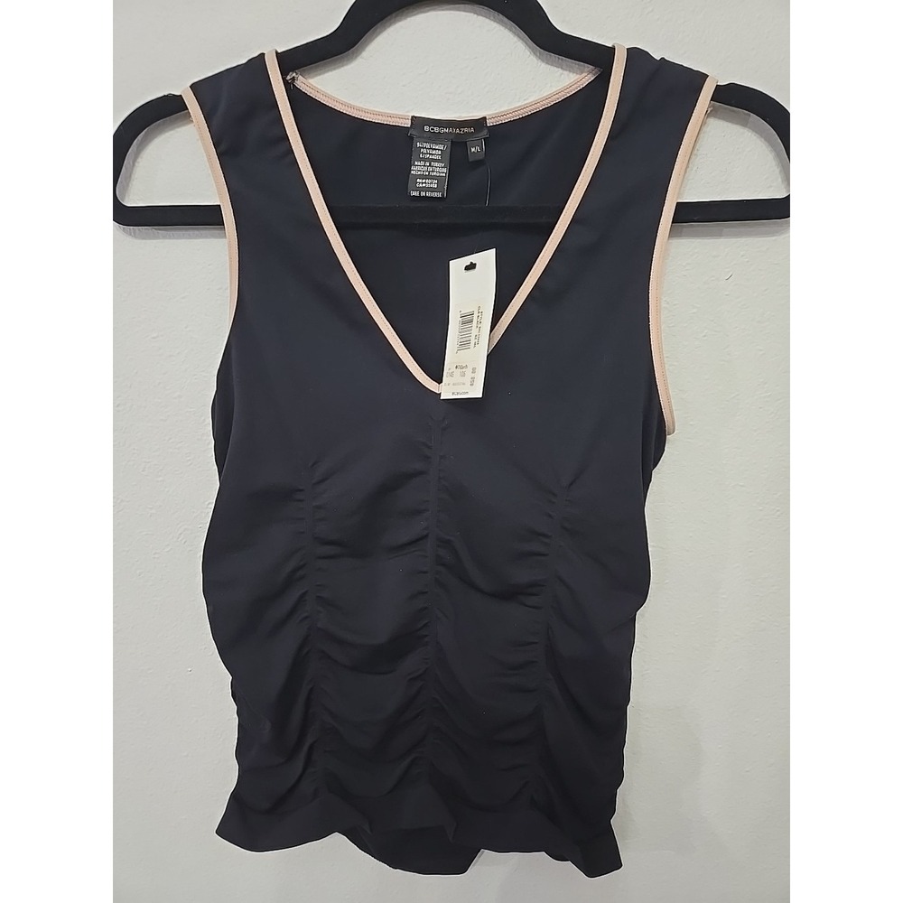 BCBGMaxAzria Women's Ruched Ruffle Sleeveless‎ Top in Black - Sz M/L